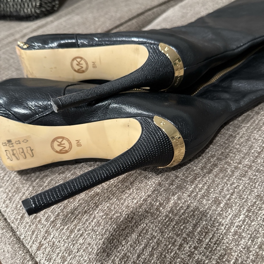 Michael Kors Black Heeled Boots with Gold Zipper - Picture 3 of 5